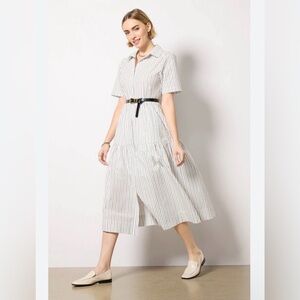 Evereve Women’s XS White Black Stripes  Midi Button Down Collar Dress